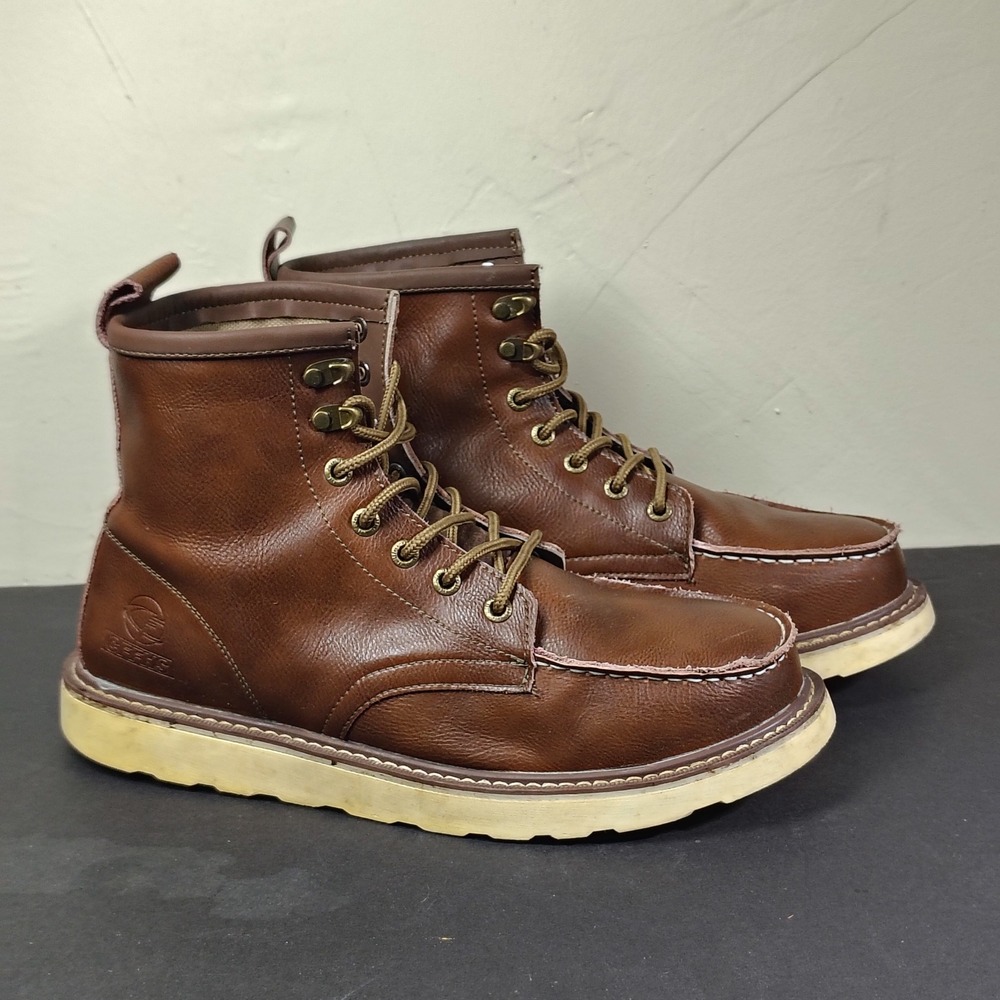 CFFHS Boots Mens 10 Brown Moc Toe Faux Leather Wedge Sole Steel Toe Workwear